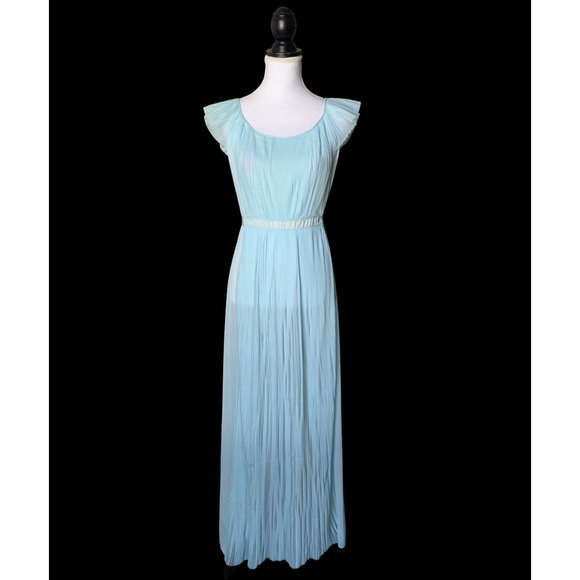 Vanity Fair Light Blue Pleated Tie Back Gown Slip Dress Negligee Nightgown 34 - Picture 1 of 9